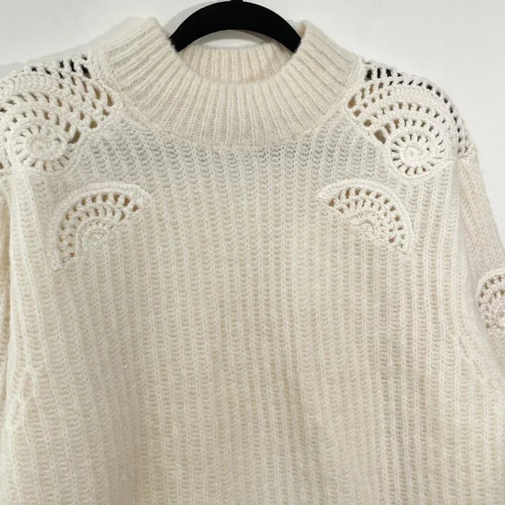 New Vince Crochet Shell Alpaca Wool Sweater Cream XL $525